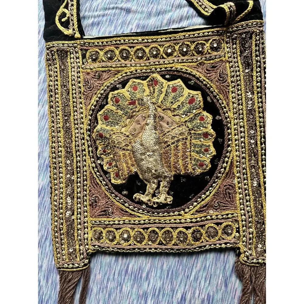 VTG 1970s Handmade Sequin & Beaded Thai Burmese Tapestry Hobo Peacock Kalaga Bag